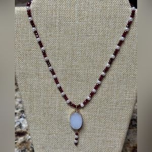 Handmade Red Garnet and White pearl Necklace with White Druzy Quartz Pendant.